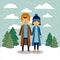 Winter people background with couple in colorful landscape with pine trees and snow falling and both with coats and wool