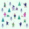 Winter people figures. Men and women carry Christmas and New Year gifts, enjoy park walking and seasonal outdoor activity