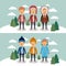 Winter people with two scenes of men with coats and winter clothes in landscape with snow and pine trees in colorful