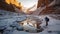 Winter Photography Of A Man Standing Near Water In A Canyon