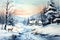 Winter picturesque watercolor landscape. Ai art