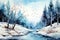 Winter picturesque watercolor landscape. Ai art