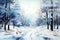 Winter picturesque watercolor landscape. Ai art