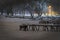 Winter pier on the lake river in the snow