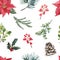 Winter pine branches, greenery and berries seamless pattern. Christmas holiday print