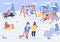 Winter playpark with visitors flat color vector illustration