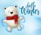 Winter polar bear character vector design. Hello winter text in snowy space background