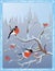 Winter postcard with bullfinches on a snow-covered rowan