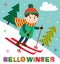 Winter poster with boy skiing