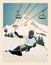 Winter poster. An experienced snowboarder descends from a downhill mountain. Sports descent on a snowboard from the