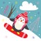 Winter poster with penguin on snowboard