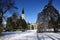 Winter in public park with church in Cham, Switzerland