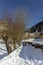 Winter pyrenes landscape near Village of Canillo, trekking and cycling trail.