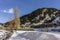 Winter pyrenes landscape near Village of Canillo, trekking and cycling trail.
