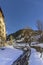 Winter pyrenes landscape near Village of Canillo, trekking and cycling trail.