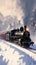 Winter rail journey Steam locomotive in a picturesque snowy landscape