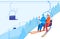 Winter recreation skiing, mountain lift, snow around, outdoor sports, season cold, design, in cartoon style vector