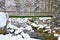 Winter at river and old footbridge. Big stones in stream covered with fresh powder snow and lazy water with low level.