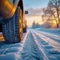 Winter road safety Snow covered tire, icy road, ensuring safe driving conditions