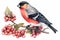 Winter robin on red berry twigs in winter, AI generative