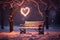Winter romance beautiful landscape featuring bench and heart shaped lights