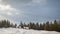 Winter with running clouds over the Carpathian mountains covered with forests and snowdrifts