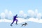 Winter running concept. Young athletic man with dog doing jogging in winter colored countryside in flat style