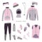 Winter running gear. Set of womens winter clothes and accessories for running. Vector illustration.