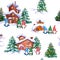 Winter rural houses and scandinavian gnomes in seamless pattern with pine tree, snow. Cute Christmas repeating