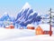 Winter rural landscape. Nature scene with snowy mountain peaks, wooden houses and spruce trees. Vector winter background