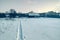 Winter rural landscape. Snowfall, trees, high dry grass.