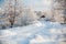 Winter rural scene, snowy road and trees covered with snow