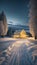 Winter\\\'s Embrace A Captivating Evening Scene of Snowy Trees, a Curving Snow-covered Road, and a Coz