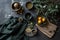 Winter\\\'s Embrace: A Symphony of Gunmetal Gray and Dark Forest Green, Illuminated by the Cozy Glow