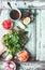 Winter Salad Ingredients with Watercress, Salmon, Radish, Grapefruit, lemon and Turmeric Sauce
