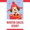Winter sale banner with cute puppy in funny hat