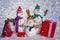 Winter Sale banner. Delivery gifts. Snowman gifting. Snowman - father, mother and snowman - baby surprise outdoor. Snow