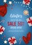 Winter sale banner, poster, flyer template. Realistic paper gift boxes with red bows, hat, mittens, garland. Discount seasonal off