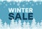 Winter Sale blue background and white firs, snowflakes