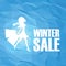 Winter sale poster template on modern blue white low poly vector background. fashion model woman with shopping bags