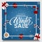 Winter sale product banner, podium platform with geometric shapes and snowflakes