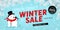 Winter sale, seasonal horizontal banner with snowman, snowfall, snow, vector