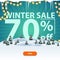 Winter sale, up to 70% off, square white and blue discount banner with winter landscape, garland, icicles and large lettering