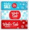 Winter sale vector banner set with discount text and snow elements in blue and red snowflakes