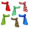 Winter scarf collection isolated on white background. illustration of red, green, striped scarfs. wool muffler icon set