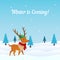 Winter scene background with cute dressed reindeer in snow vector illustration. Holiday greeting card, banner, poster, template