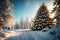 winter scene with a beautifully decorated Christmas tree