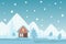 Winter scene with cozy cottage in mountains, snowy landscape, vector illustration