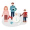 Winter scene with family making snowmen outside and having fun, vector