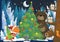 Winter scene with forest animals reindeers bear and fox near christmas tree - traditional scene